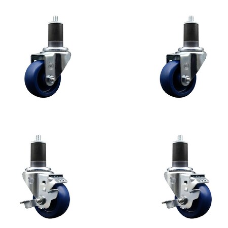 Service Caster 3'' SS Solid Poly Wheel Swivel 1-5/8'' Expanding Stem Caster Set 2 Brakes, 4PK SCC-SSEX20S314-SPUS-2-TLB-2-158